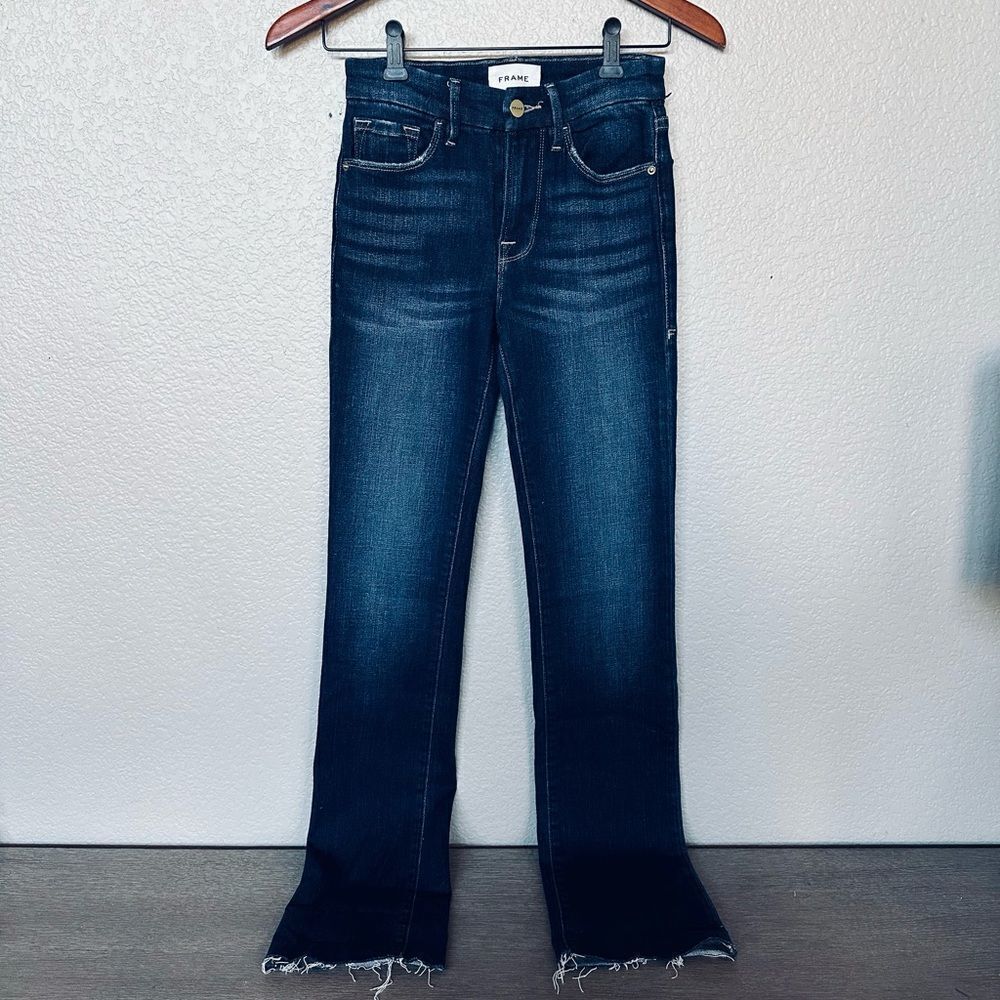 Frame Le Mini Boot Dark Wash Bootcut Jeans Raw Edge 24